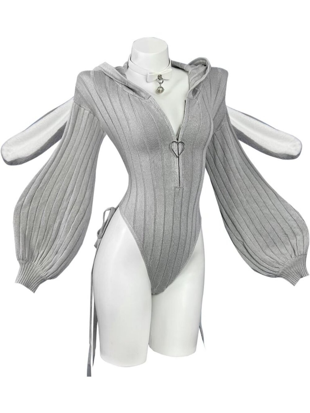 Women's Grey Knitted Lingerie Cosplay Costumes Bunny Outfits Bodysuit Tops